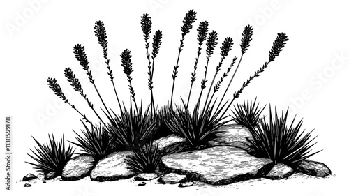 Ocotillo plants with long stems in rocky terrain, Plant Illustration