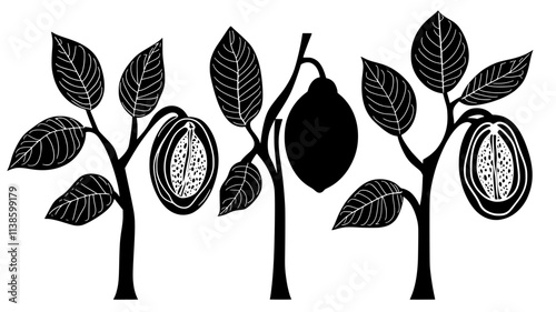 Nutmeg trees with split fruits revealing seeds, Plant Illustration