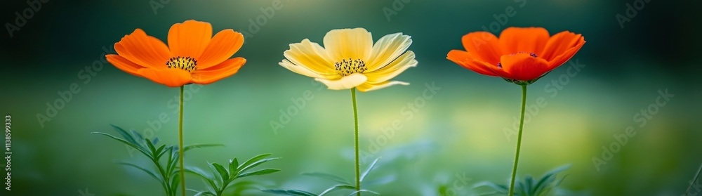 Over the summer, beautiful cosmos flowers bloom against a hazy nature setting Over the summer, beautiful cosmos flowers bloom against a hazy nature setting