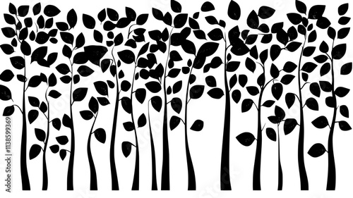 Pachysandra covering the forest floor beneath tall trees, Plant Illustration
