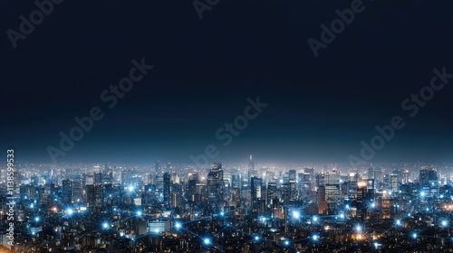 Wallpaper Mural A vibrant city skyline illuminated by holographic lights against a blue night sky highlights advanced technology in urban settings Torontodigital.ca