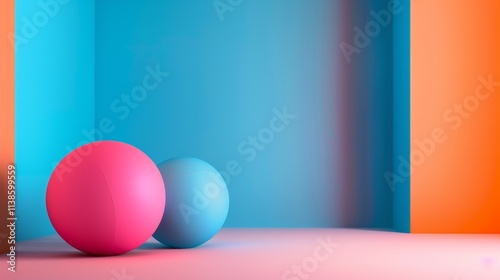 Abstract composition of colorful spheres on a pink and blue background