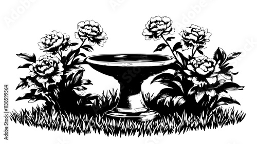 Peonies in full bloom surrounding a stone birdbath, Plant Illustration