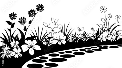 Perennial flowers planted along a brick pathway in a residential garden, Plant Illustration