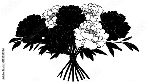 Peonies arranged in a circular bridal bouquet, stems held in a neat bundle, Plant Illustration