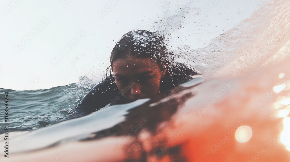 Fototapeta premium A surfer rides through turbulent ocean waves during sunrise, creating a dynamic and powerful water scene full of energy.