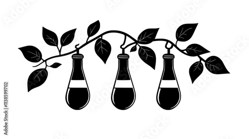 Pitcher plant with liquid-filled tubes hanging from vine, Plant Illustration