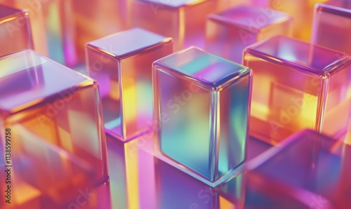 A row of colorful cubes with a reflective surface