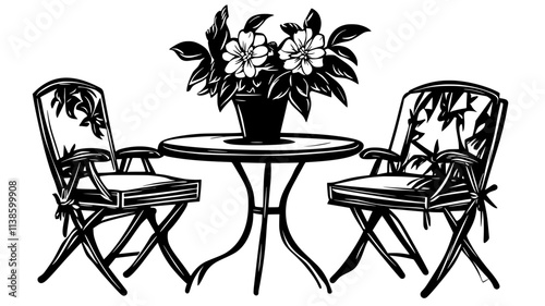 Potted gardenia on a patio table with cushioned chairs, Plant Illustration