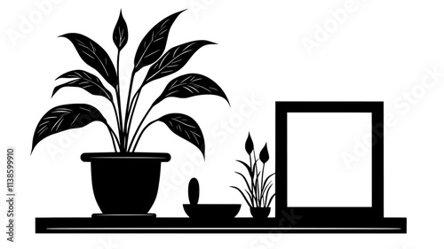 Potted peace lily on side table next to framed photograph, Plant Illustration