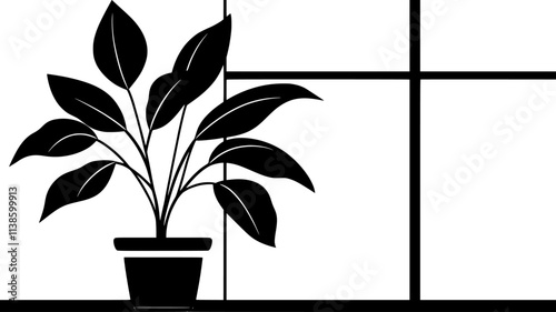 Potted plant with broad leaves on wooden table near window, Plant Illustration