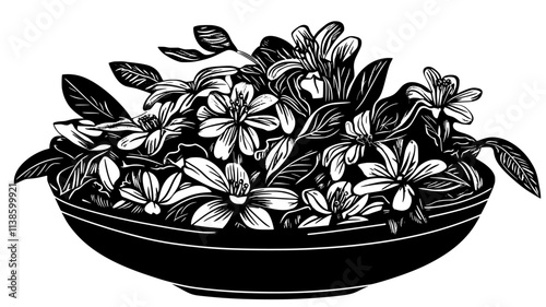 Potpourri mix in wooden bowl on bedside table, Plant Illustration