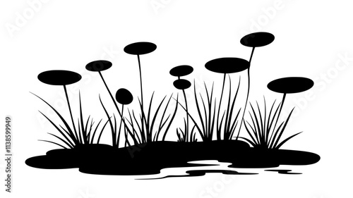 Quillwort with grass-like leaves emerging from underwater substrate in lake, Plant Illustration