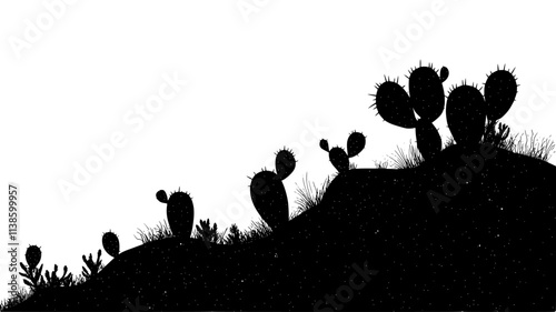 Prickly pear cactus forming a dense thicket on a hillside, Plant Illustration