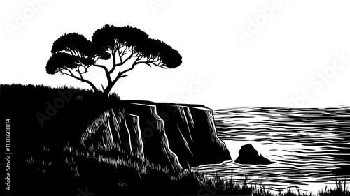 Rosemary bush growing wild on coastal cliff path, Plant Illustration