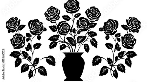 Roses in a tall vase, arranged with leaves, spaced at even intervals, Plant Illustration