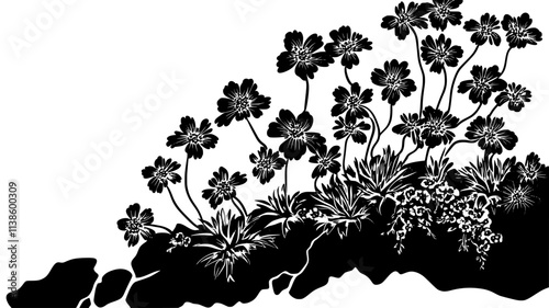 Saxifrage forming cushion on exposed windswept ridge, Plant Illustration