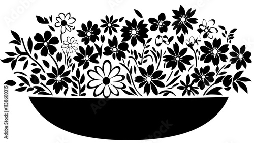 A scattered floral arrangement with mixed textures placed in a wide, shallow container, Plant Illustration