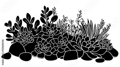 Sedum with succulent leaves in a rock garden design, Plant Illustration
