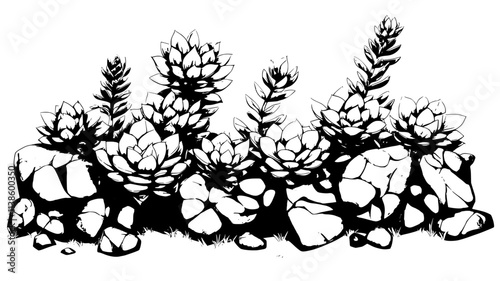 Sempervivum rosettes growing in crevices of a stone wall, Plant Illustration