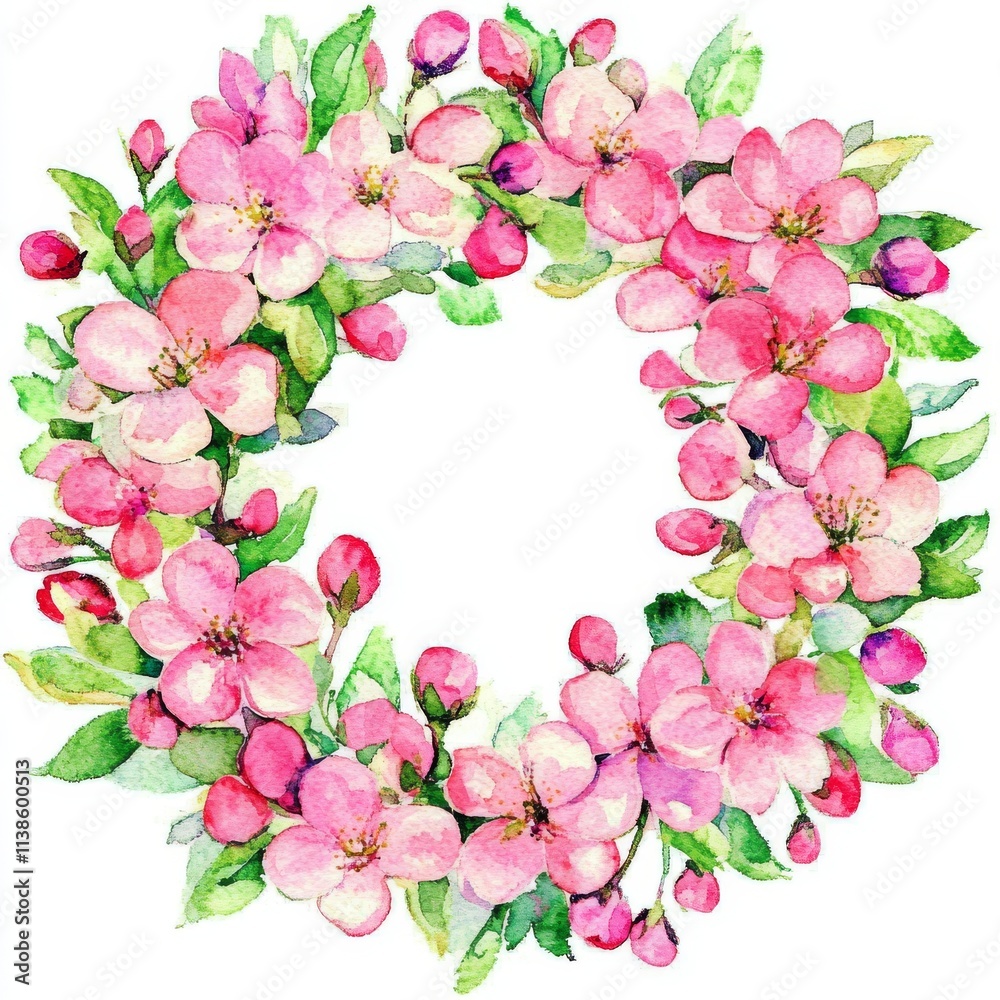 A circular pattern of a blossoming spring tree branch includes cherry, apple, apricot, and sakura buds and flowers. It’s a delightful springtime watercolor clipart, presented as an isolated A circular pattern of a blossoming spring tree branch includes cherry, apple, apricot, and sakura buds and flowers. It’s a delightful springtime watercolor clipart, presented as an isolated