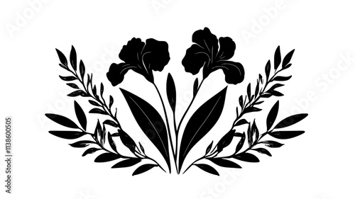 Single bearded iris bloom placed in a decorative floral arrangement, Plant Illustration