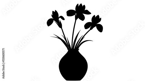 Single iris stem with bud and open flower in vase, Plant Illustration