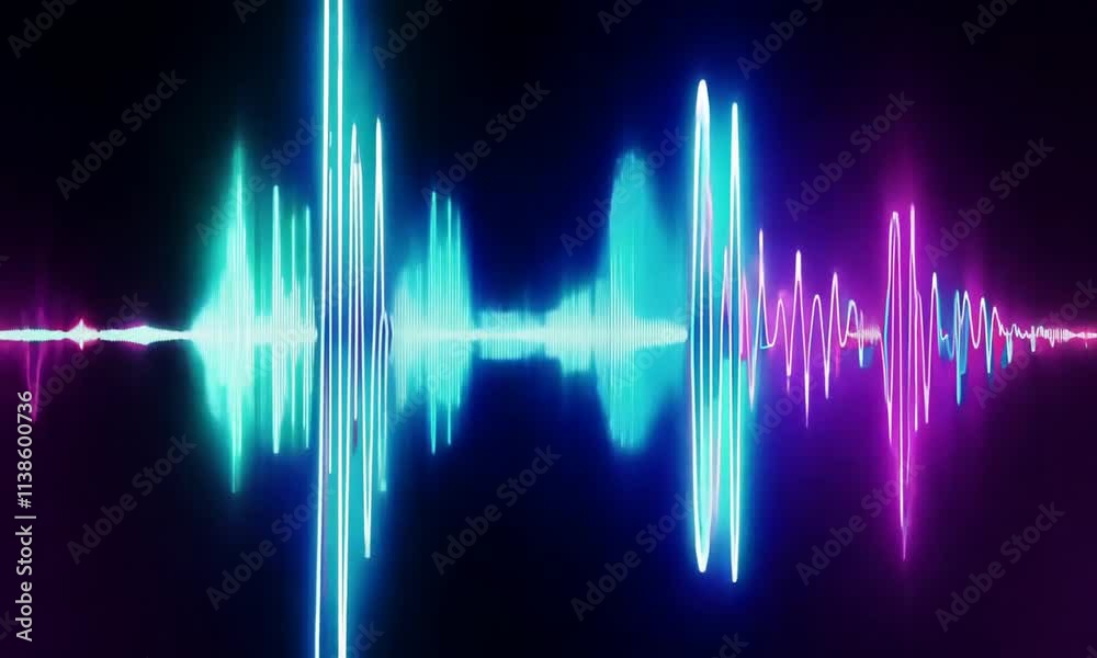 Abstract sound wave design with teal, purple, and blue neon light on black background.