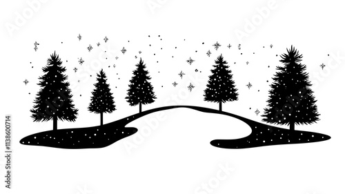 Spruce trees forming a windbreak on a snowy field, Plant Illustration