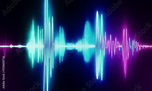 Abstract sound wave design with teal, purple, and blue neon light on black background.