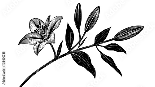 Stem of lily plant with multiple buds and one open bloom, Plant Illustration