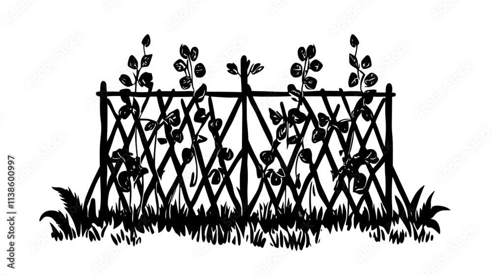 Sweet peas climbing on a teepee trellis in a cottage garden, Plant Illustration