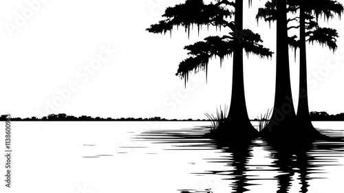 Swamp cypress trees with knees growing in a bayou, Plant Illustration