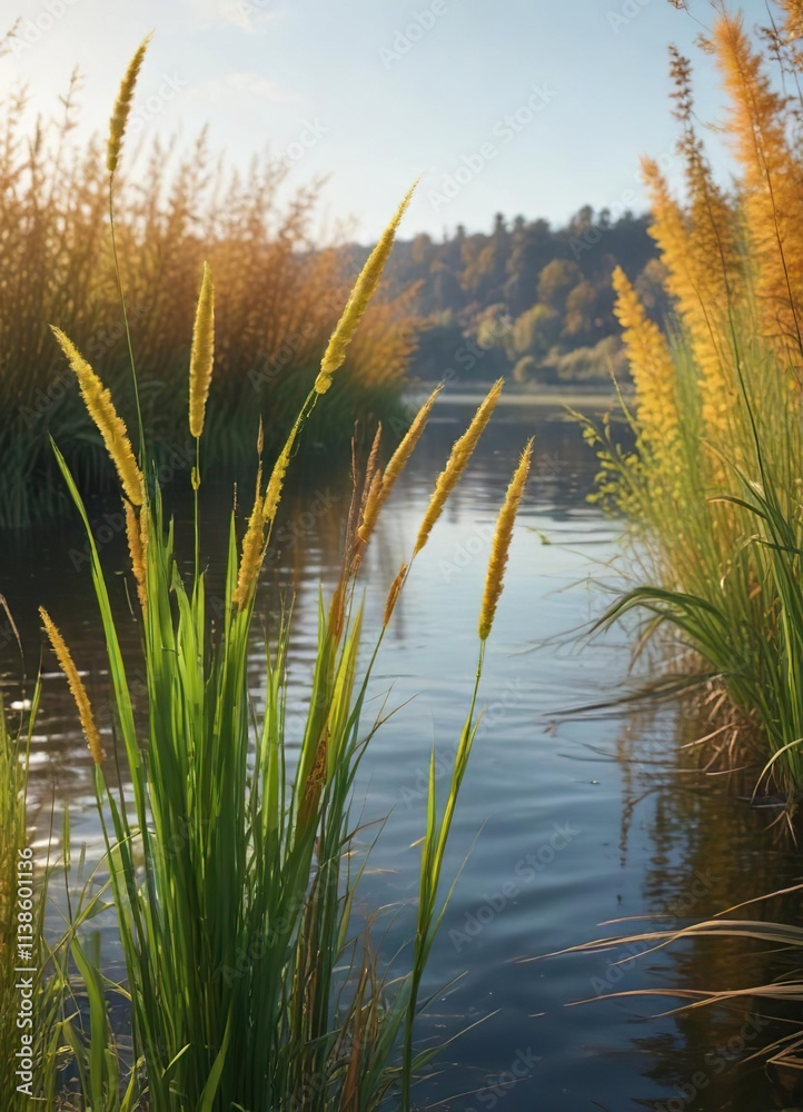 Obraz premium the long green stems of cattail plants swaying gently in the breeze on an autumn day near a serene river, nature, river