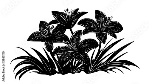 Toad lilies with speckled blooms growing under shrubs, Plant Illustration