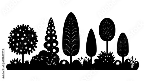 Topiary shapes in manicured lawn of estate, Plant Illustration