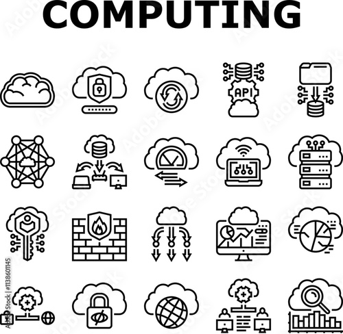cloud computing virtualization icons set vector. scalability infrastructure, storage security, deployment automation, networking cloud computing virtualization black contour illustrations