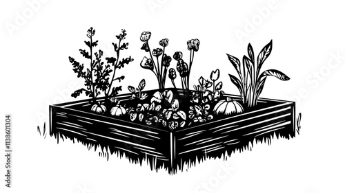 Vegetable garden with raised beds in backyard, Plant Illustration