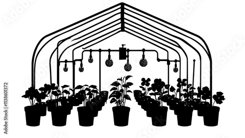 Watering system operating in a greenhouse with rows of flowering plants, Plant Illustration