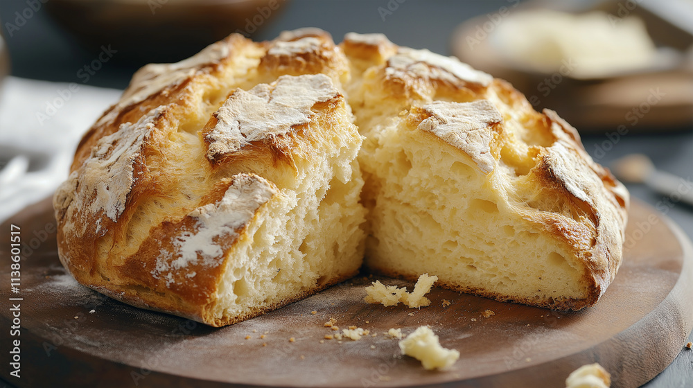 Freshly baked loaf of bread with a golden crust on a wooden board. Freshly baked loaf of bread with a golden crust on a wooden board.