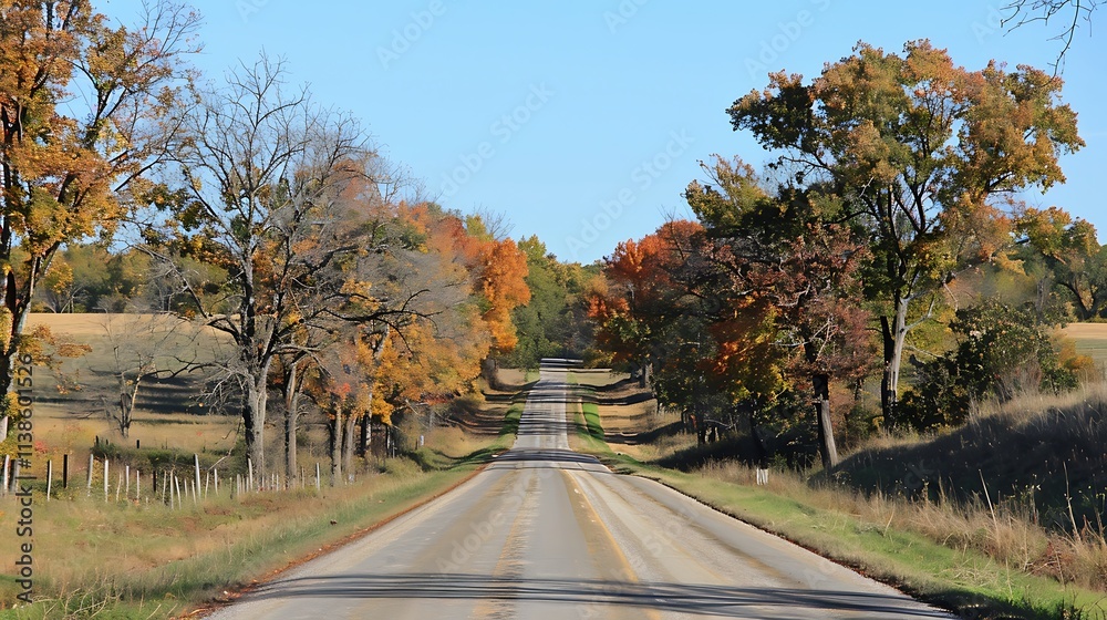 A quiet country road lined with trees in full autumn color, stretching into the distance under a clear blue sky. A quiet country road lined with trees in full autumn color, stretching into the distance under a clear blue sky.