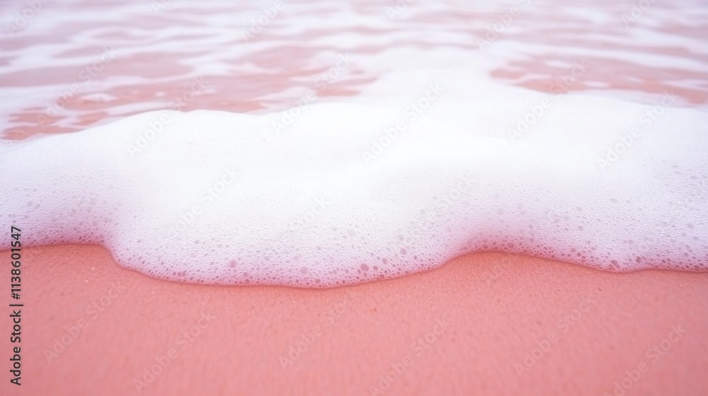 Fototapeta premium Soft Pink Sand and Foamy Waves at Sunrise on a Tranquil Beach
