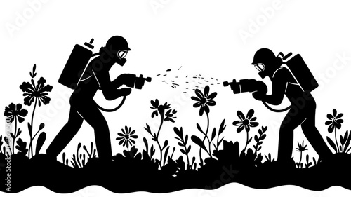 Workers in protective gear fumigating flowers, Plant Illustration