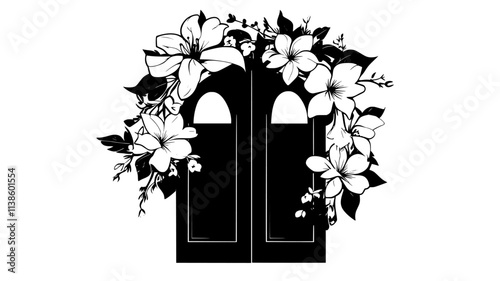 Wreath of seasonal blooms on church entrance doors, Plant Illustration