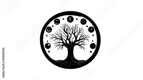 Yggdrasil ash tree connecting the nine worlds in Norse mythology, Plant Illustration