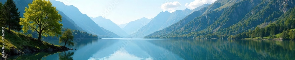 Tranquil lake nestled in the mountains with surrounding trees and a clear sky, tree, sky, water Tranquil lake nestled in the mountains with surrounding trees and a clear sky, tree, sky, water