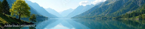 Tranquil lake nestled in the mountains with surrounding trees and a clear sky, tree, sky, water