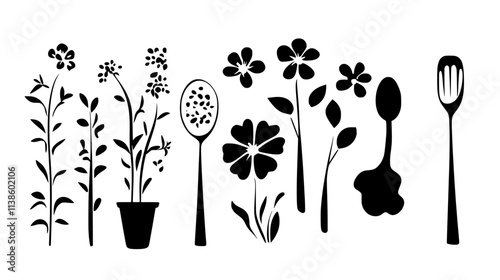 Edible flowers on a baking sheet near measuring spoons, Plant Vector Graphic