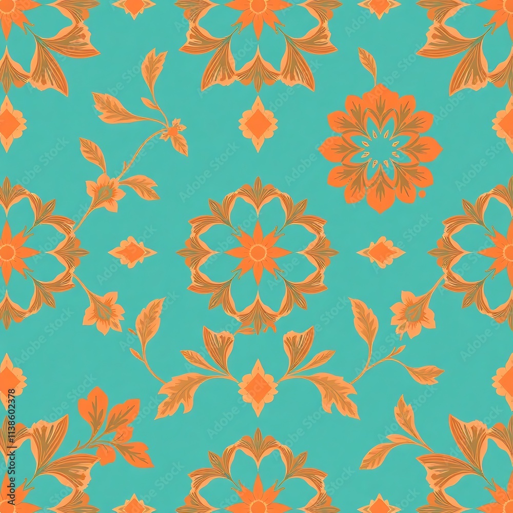Fototapeta premium Teal and Orange Floral Damask Pattern 