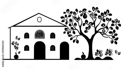 Fig tree with ripening fruit in an ancient courtyard, Plant Vector Graphic